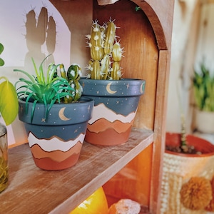 Moon Mountain Planter Pot | handpainted clay pot, boho plant decor, terracotta pottery indoor planter, plant lover gifts, minimal landscape