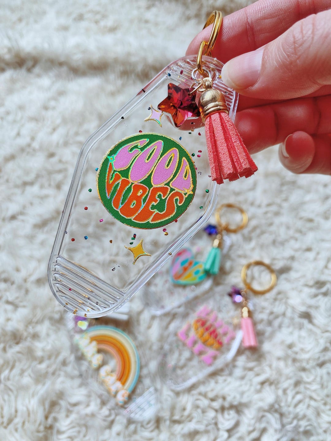 Retro Hippie Keychain | Vintage Hotel Key, Rainbow Confetti Acrylic ...