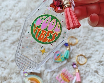 Retro Hippie Keychain | Vintage Hotel Key, Rainbow Confetti Acrylic Keychain | Good Vibes Keychain | Boho Star Charm Keyring, Peace Keychain