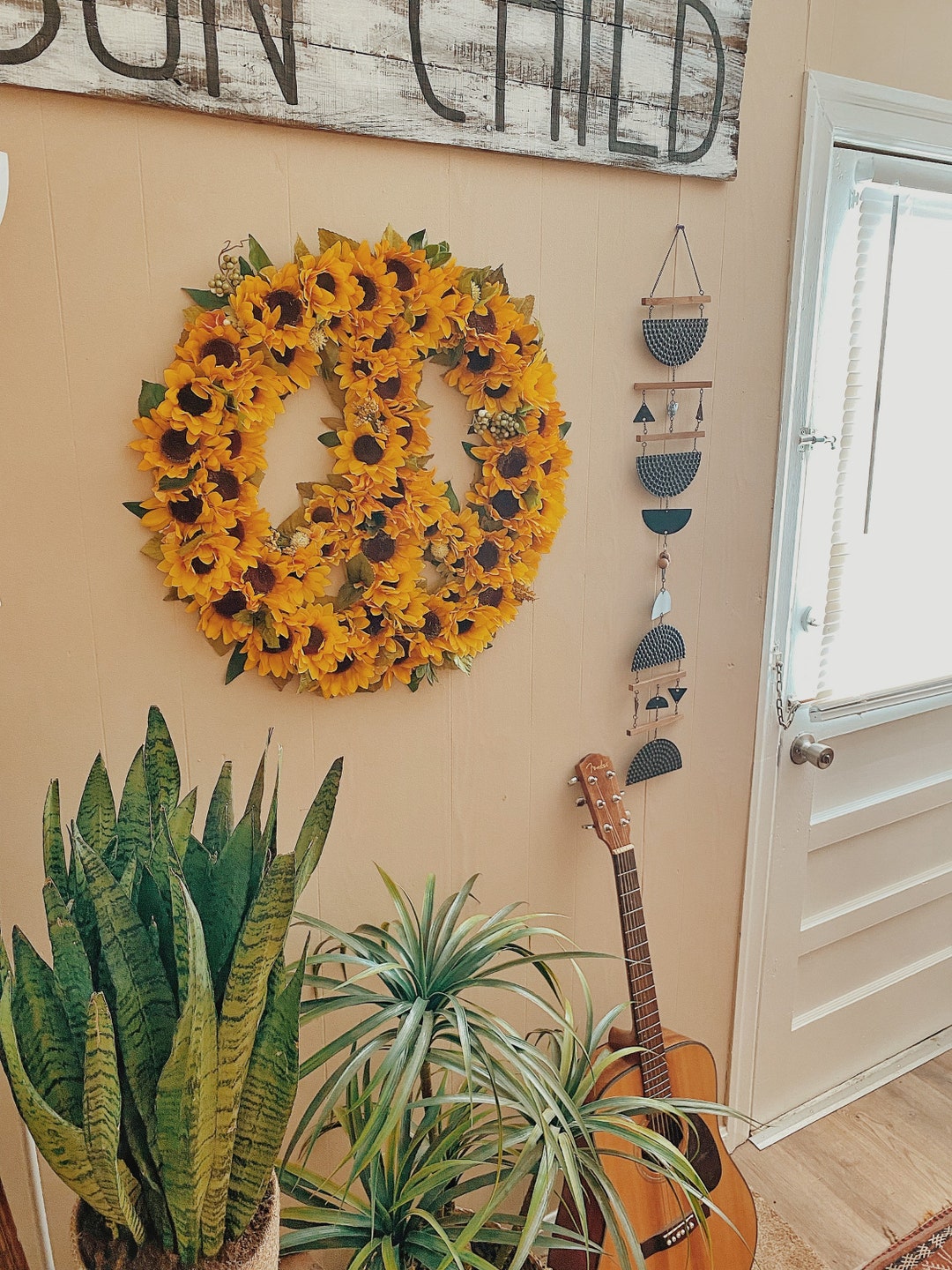 Sunflower Peace Sign Wall Decor Floral Wall Art Boho Hippie Etsy