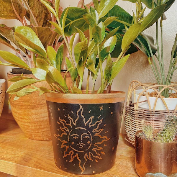 Cabo Sun Black Terracotta Pot | black and gold painted pot boho sun clay pottery handpainted hippie indoor planter houseplant decor eclectic