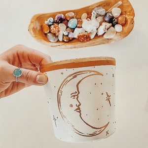 Moon Clay Indoor Plant Pot | handpainted white pot, terracotta clay pot, modern hippie boho mystical, house plant decor indoor planter