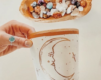 Moon Clay Indoor Plant Pot | handpainted white pot, terracotta clay pot, modern hippie boho mystical, house plant decor indoor planter
