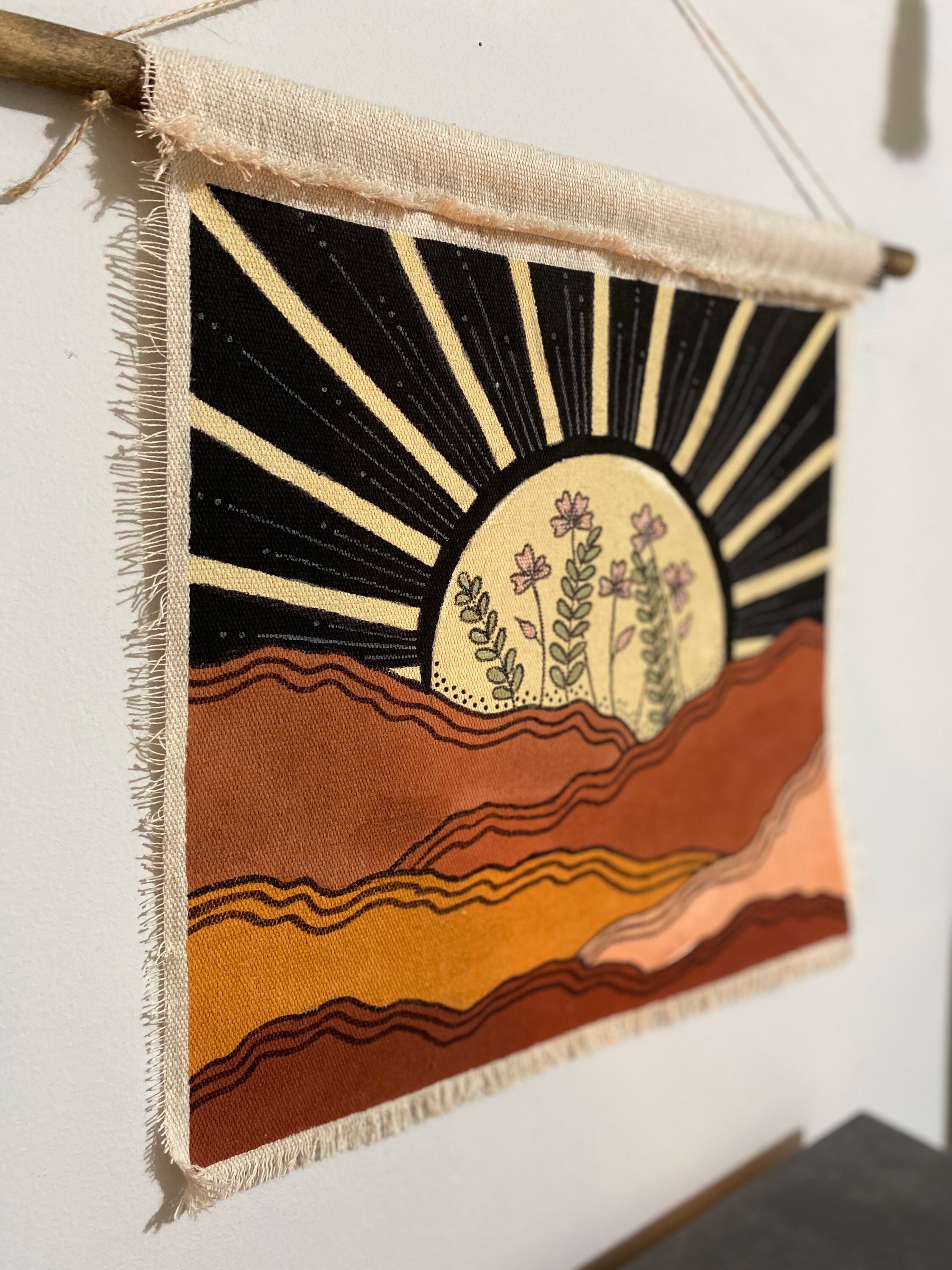 Sunset Mountain Wall Tapestry Hand Painted Retro Sunset Etsy