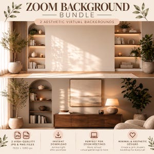 May include: A digital bundle of two virtual backgrounds for video calls. The top image shows a beige wall with arched shelves, plants, and books. The bottom image features a wooden console, a lamp, a framed painting, and a potted plant.
