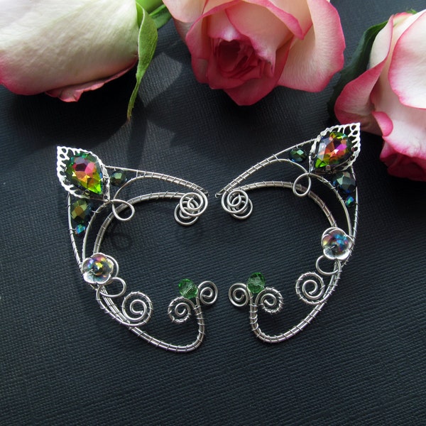 Elf Ears Green Ear cuff Elf Ear cuff Silver Ear cuff Elf cosplay Elven ears Elf earrings Non Piercing Wire wrapped ear cuff Fairy ears