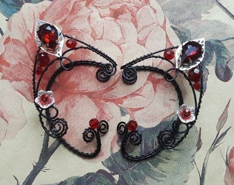 Wire Wrapped Elf Ear Cuffs: Red Glass Beads, Non Piercing