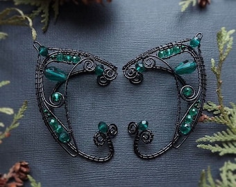 Wire-Wrapped Black Copper Elf Ear Cuffs with Green Beads (No Piercing)