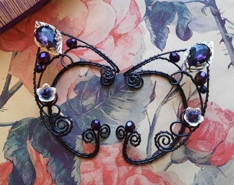 Black Elf Ear Cuffs with Violet Beads - Non Piercing Wire Wrapped