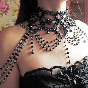 Black Necklace Shoulder Necklace Gothic Couture Choker Bohemian Jewelry Goth Victorian Mylene Farmer Crystal Necklace