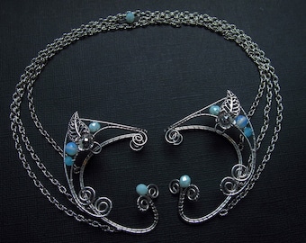 Elf Ear Cuff Chain Ear cuff Blue Moonstone Ear cuff Silver Ear cuff Elven ears Elf earrings Cuff Non Piercing Wire wrapped ear cuff