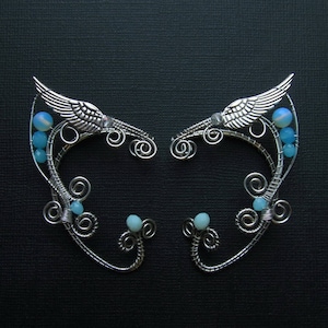 Wings Ear cuffs Elf Ear Cuff Silver Ear Cuff Elven ears Elf earrings Blue Moonstone Cuff Non Piercing Wire Jewelry Wire wrapped ear cuffs
