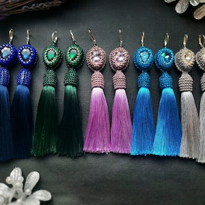 Oscar De La Renta earrings Silver earrings Eerald Blue Lavender Beaded Tassel Silk long earrings Oscar earrings Tassels jewellery