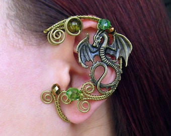 Brass Wire Wrapped Dragon Ear Cuff - Green Agate, No Piercing