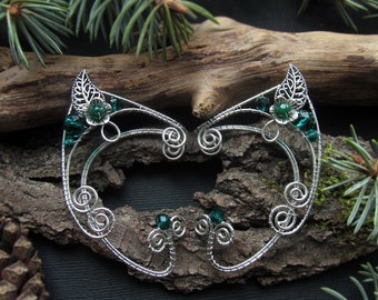 Wire Wrapped Elf Ear Cuffs with Green Glass Beads, Non Piercing