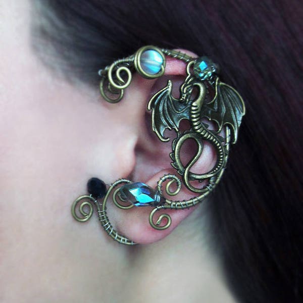 Dragon Ear Cuff, Brass Wire Wrapped, Opal & Crystal, No Piercing