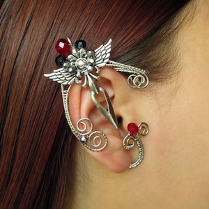 Red Ear Cuff Black Ear Cross Earrings Cuff Silver Ear Cuff Cross Ear cuff Gothic Ear Cuff Wire Jewelry Wire wrapped ear cuffs Gothic Jewelry