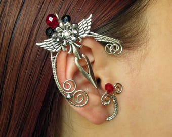 Red Ear Cuff Black Ear Cross Oorbellen Cuff Silver Ear Cuff Cross Ear cuff Gothic Ear Cuff Wire Sieraden Draad gewikkeld oor manchetten Gothic Sieraden