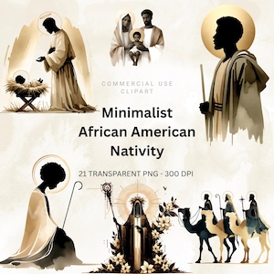 May include: A collection of minimalist African American Nativity illustrations in sepia tones. The images include depictions of the Holy Family, the Three Wise Men, and other religious figures. The text "COMMERCIAL USE CLIPART" is visible.