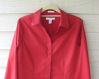 CHICO'S no-iron cotton long-sleeve button-front red shirt, tailored / fitted style, size 1 (equal to an 8 but runs large so more like a 12)