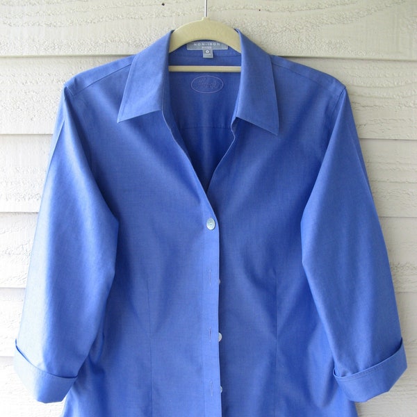 FOXCROFT non-iron cotton 3/4 sleeve button-front blue shirt, tailored / fitted style, size 12