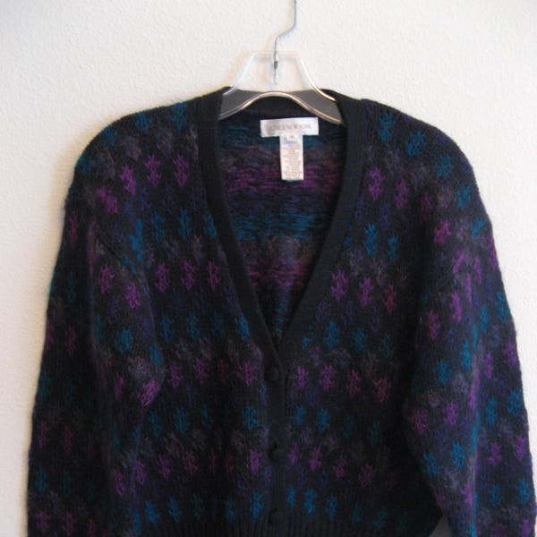 JONES NEW YORK V-Neck Cardigan: multicolored pattern on charcoal background, size Medium