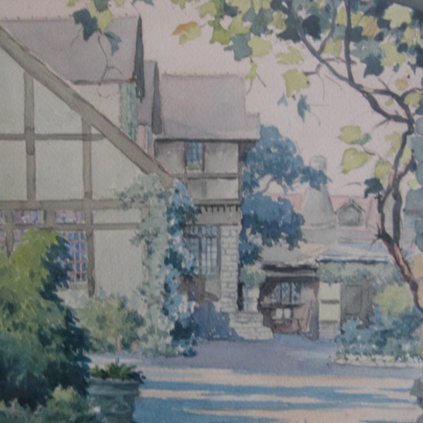 Watercolor Print of Half-Timbered House and Yard, Matted and Framed, Vintage from 1938