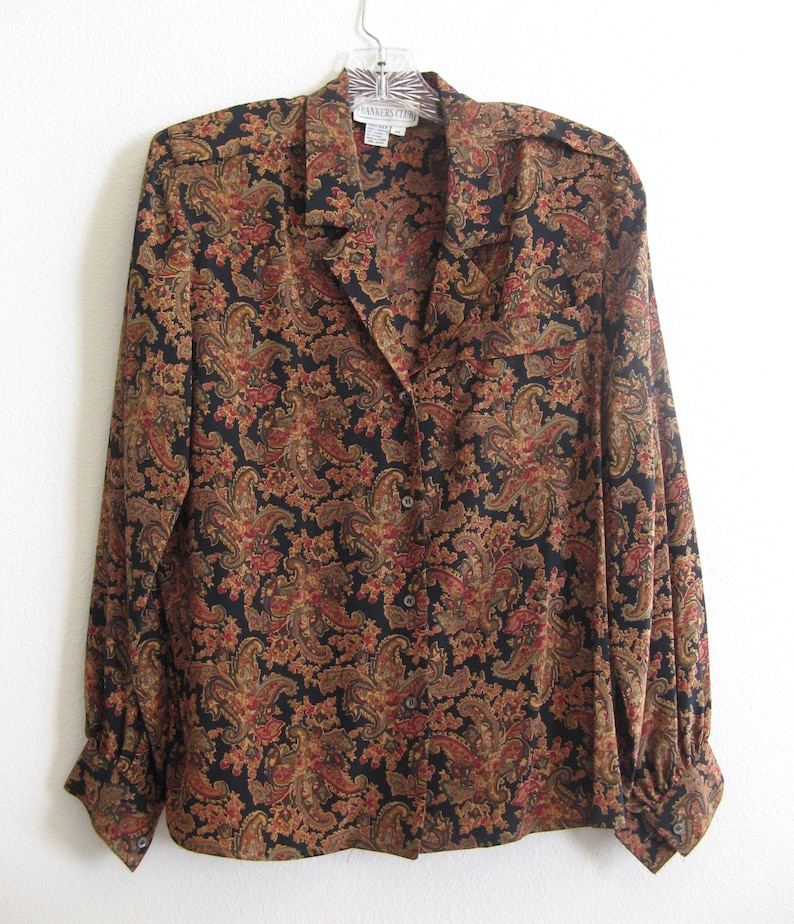 excellent condition silk Bankers Club 2-Piece Skirt /& Blouse Outfit size 10 earth tones paisley print on black