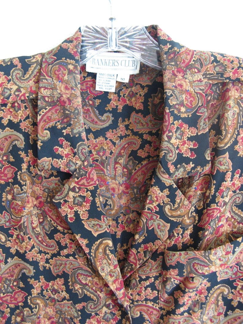 excellent condition silk Bankers Club 2-Piece Skirt /& Blouse Outfit size 10 earth tones paisley print on black