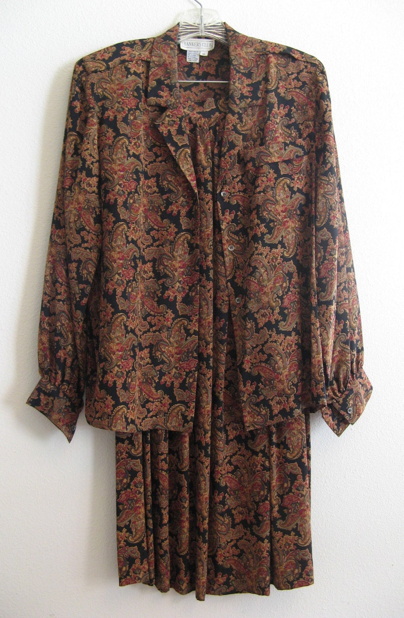 excellent condition silk Bankers Club 2-Piece Skirt /& Blouse Outfit size 10 earth tones paisley print on black