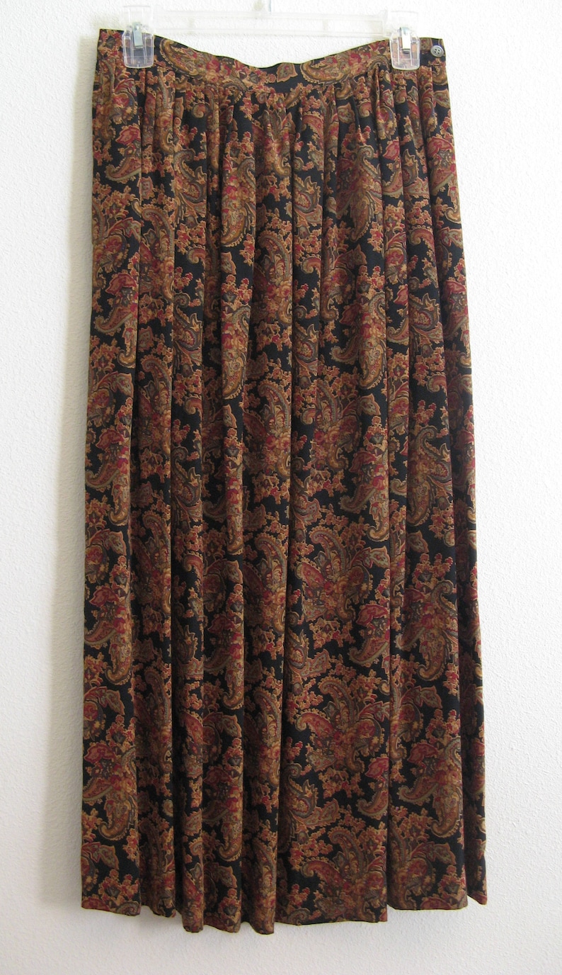 excellent condition silk Bankers Club 2-Piece Skirt /& Blouse Outfit size 10 earth tones paisley print on black