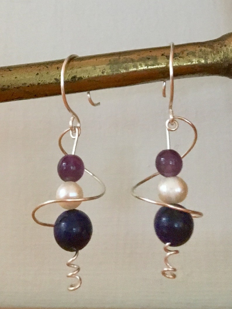 Wire Wrapped Jewelry Wire Jewelry Silver swirl Sculptural jewelry, with Amethyst and Pearl Lapis Lazuli Earrings for woman