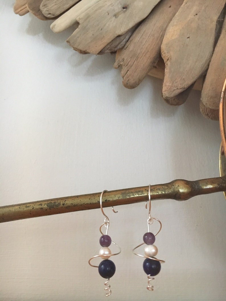 Wire Wrapped Jewelry Wire Jewelry Silver swirl Sculptural jewelry, with Amethyst and Pearl Lapis Lazuli Earrings for woman