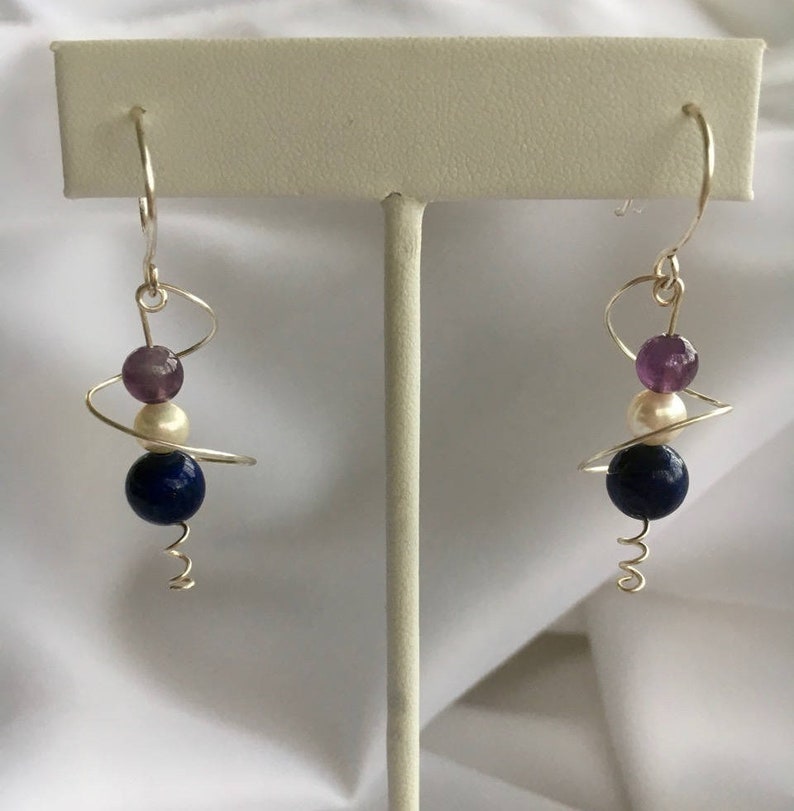 Wire Wrapped Jewelry Wire Jewelry Silver swirl Sculptural jewelry, with Amethyst and Pearl Lapis Lazuli Earrings for woman