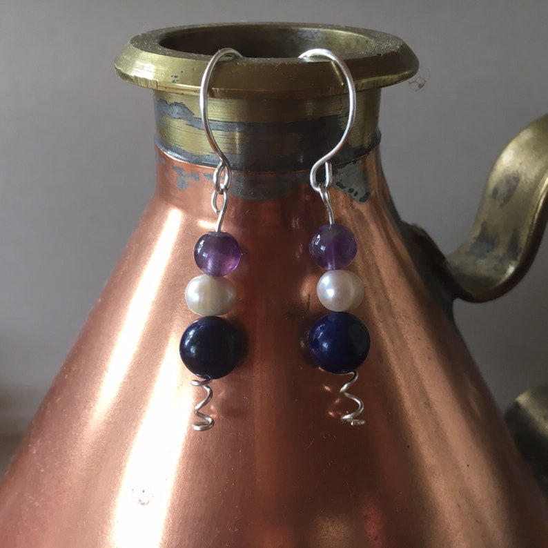 Wire Wrapped Jewelry Wire Jewelry Silver swirl Sculptural jewelry, with Amethyst and Pearl Lapis Lazuli Earrings for woman