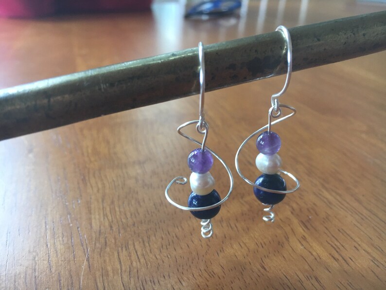 Wire Wrapped Jewelry Wire Jewelry Silver swirl Sculptural jewelry, with Amethyst and Pearl Lapis Lazuli Earrings for woman