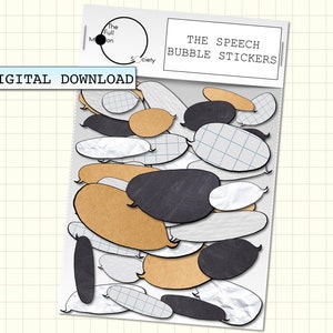 Może przedstawiać: Cyfrowy plik do pobrania ze stickerami w kształcie dymków. Naklejki są w różnych kształtach i rozmiarach, z różnymi fakturami i kolorami, w tym czarnym, białym, brązowym i szarym. Naklejki idealnie nadają się do dodania zabawnego i figlarnego akcentu do każdego projektu.