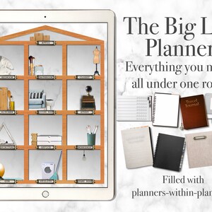 Könnte beinhalten: Eine digitale Illustration eines Hauses mit verschiedenen Zimmern, die beschriftet sind, wie z. B. Schlafzimmer, Badezimmer, Küche und Büro. Das Bild wird verwendet, um einen Planer darzustellen, der Abschnitte für jeden Lebensbereich enthält. Der Text "The Big Life Planner" und "Everything you need, all under one roof!" wird über dem Haus angezeigt. Unter dem Haus befinden sich verschiedene Planer, darunter ein Reisetagebuch, ein Rezeptbuch und ein allgemeiner Planer. Der Text "Filled with planners-within-planners!" wird unter den Planern angezeigt.