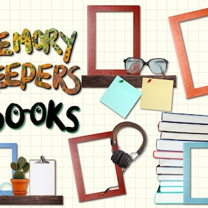以下が含まれることがあります： グリッドパターンが施された白い背景。"MEMORY KEEPERS BOOKS"というテキストが、カラフルな背景に黒と緑の文字で書かれています。空のフレームが6つ、棚が2つ、本の束、眼鏡、サボテン、クリップボード、ヘッドホン、白いイヤホンが1組あります。