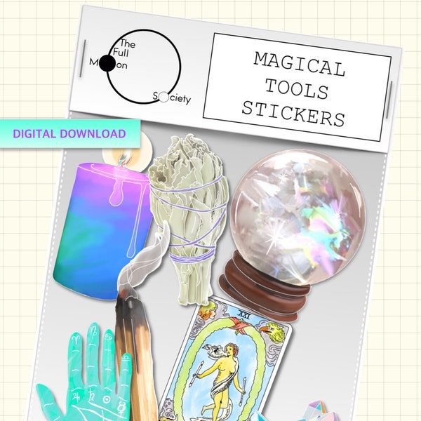 Adesivos de planejador DIGITAL de Ferramentas Mágicas. Otimizado para GoodNotes. Folha de 7 livros de clipart em aquarela desenhados à mão. Pela Sociedade da Lua Cheia.