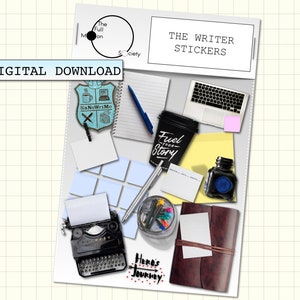 May include: A set of digital stickers for writers, featuring images of a typewriter, a coffee cup that says "Fuel Your Story", a notebook, a pen, and other writing-related items. The stickers are designed to be used in a planner or journal.