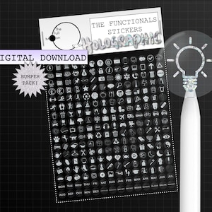 Puede incluir: Una hoja de pegatinas holográficas con una variedad de iconos y símbolos. Las pegatinas están dispuestas en una cuadrícula y incluyen iconos para los días de la semana, los meses del año y otros símbolos comunes. El texto "The Functionals Stickers Holographic" está en la parte superior de la hoja.