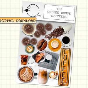 Könnte beinhalten: Ein digitaler Download-Bogen mit Aufklebern zum Thema Kaffee, darunter verschiedene Kaffeetassen, ein Croissant, eine Zeitung, Kaffeebohnen und ein vertikales Schild mit der Aufschrift COFFEE. Die Kopfzeile enthält THE FULL MOON SOCIETY und THE COFFEE HOUSE STICKERS.