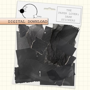 Op de afbeelding: Een digitaal downloadpakket met zwarte papieren stickers met diverse texturen, waaronder verfrommelde, gescheurde, geruite en gelinieerde stukjes papier. De verpakking bevat de tekst THE PAPER LOVER: DARK STICKERS en een cirkelvormig logo.