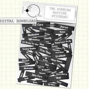 May include: A set of black and white stickers with text related to evening routines. The stickers feature phrases like "Self-Care", "Meditation", "Free Time", "Gratitude", "Skin Care", and "Wind Down".