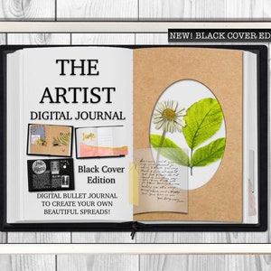Pode incluir: Um diário digital com capa preta e o texto "THE ARTIST DIGITAL JOURNAL" e "Black Cover Edition". O diário está aberto para revelar páginas com notas escritas à mão, um calendário e uma flor prensada.