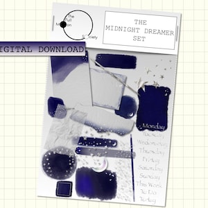 Puede incluir: Conjunto de pegatinas digitales descargables en acuarela azul y plata con estrellas, lunas y texto que dice "The Midnight Dreamer Set" e incluye los días de la semana, "This Week", "To Do" y "Today".