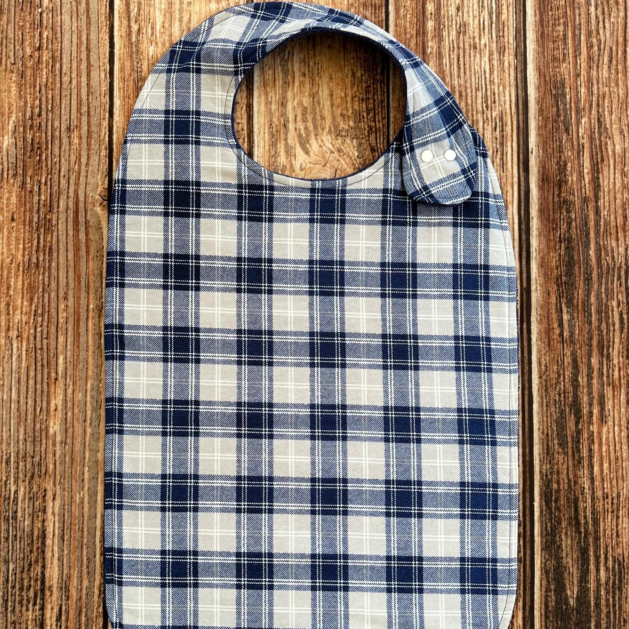 Flannel Adult Bib, Clothing Protector, Two Sizes, Snap or Hook and Loop Closure, Terry Cloth Backing