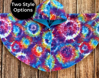 Child Reversible Fleece Hooded Poncho, Car Seat Blanket, Toddler Cover-Up, Multiple Sizes and Styles, Tie Dye
