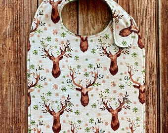 Flannel Deer Print Adult Bib, Terry Cloth Backing, Clothing Protector, Two Closures, Two Sizes